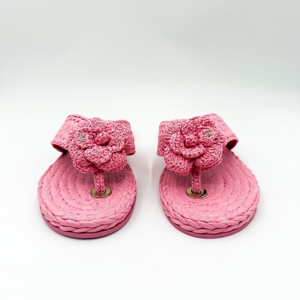 Chanel CC Raffia Camellia Flower Flat Sandals EU 37.5 - Picture 4 of 14